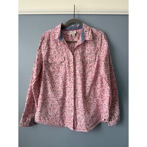 St. John's Bay Women's Button up Ditsy Floral Pink Long Roll-Tab Sleeve Size XL